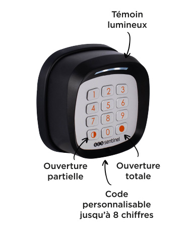 clavier à code sans fil, témoin lumineux, ouverture totale ou partielle