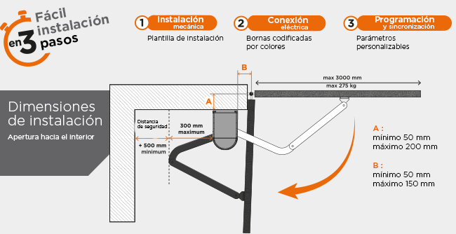 Motorización profesional para puertas batientes. Fácil instalación en 3 pasos y medidas de montaje.