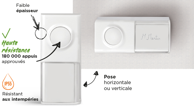 le bouton de la sonnette EcoBell 100 plug a une haute résistance à l'appui, fonctionne sans pile et est sans fil.