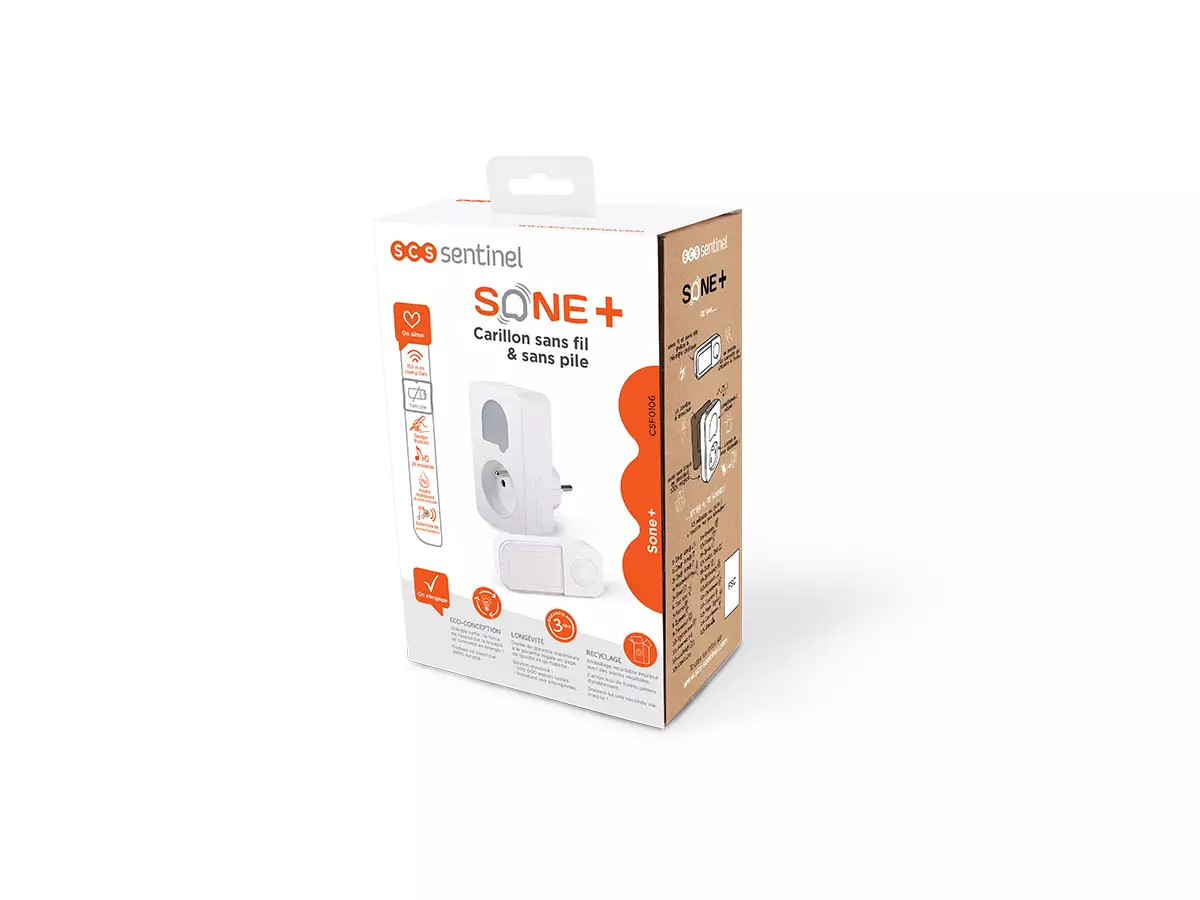 Carillon sans fil et sans pile avec prise intégrée - SONE + - SCS Sentinel